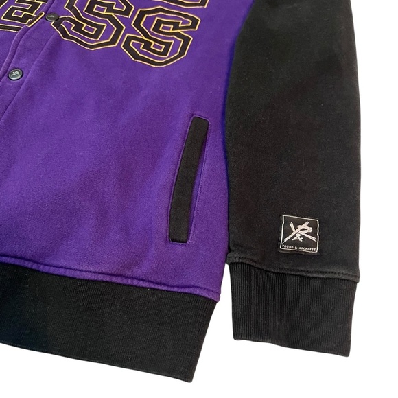 Young & Reckless XL Varsity Bomber Jacket Purple Black RECKLESS Logo - Picture 2 of 7